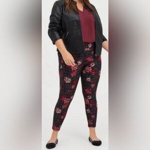 Torrid Red Floral and Black Plaid Ponte Pants